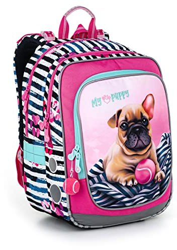 TOPGAL Schulrucksack für Mädchen ab 1. Klasse, ergonomisch & leicht, wasserabweisend, mit reflektierenden Elementen, 21 L Schulranzen mit Brustgurt & Rückenpolsterung (Bulldogge)