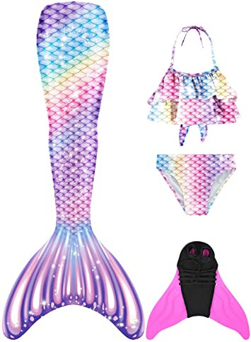 FOLOEO Meerjungfrauenflosse Mädchen Kinder Meerjungfrauenschwanz Zum Schwimmen mit Meerjungfrau Flosse und Bikini Set(4 Stück Set)