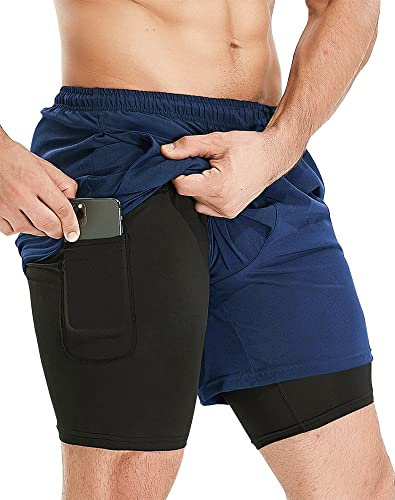 HOPLYNN Herren 2 in 1 Shorts Sommer Schnelltrocknende Laufshorts mit Taschen Sport Kurze Hosen Fitness Laufhose Navy Blau XXL