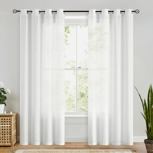 FMFUNCTEX Weiß Vorhänge Leinenoptik mit Ösen Leinen Gardinen Halbtransparent Landhausstil Wohnzimmer Modern für Schlafzimmer Kinderzimmer Balkontür 2er Set, 245 x 127 cm (H x B)