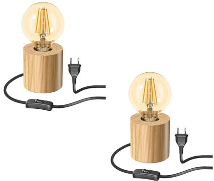 ledscom.de 2 Stück Tischlampe HITO, Holz massiv, rund, inkl. LED Lampe gold max. 818lm, 3-Stufen dimmen, extra-warmweiß