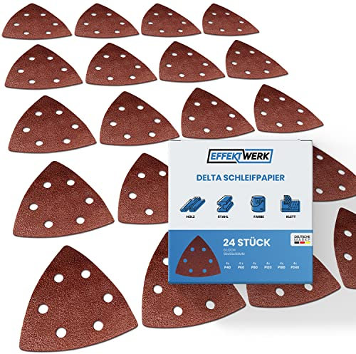 EffektWerk Delta-Schleifpapiere (24er-Pack, 6 Löcher), 93 x 93 x 93 mm dreieckige Schleifpads für Mausschleifer, mehrere Körnungen (40, 60, 80, 120, 180, 240)
