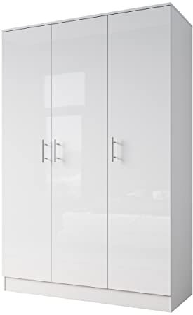 ELEGANT 3 Door Wardrobes with Hanging Rail and Storage Shelves Modern Large Clothes Cabinet for Bedroom Furniture, High Gloss White