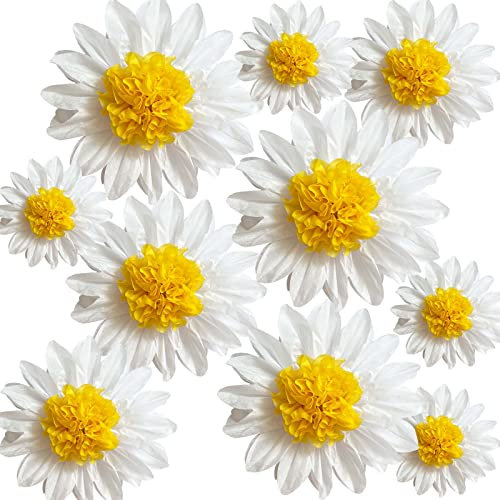 ANSOMO Daisy Tissue Paper Pom Poms Party Decorations White Yellow Flowers Wall Hanging 1st Birthday Bridal Baby Shower Wedding Classroom Décor 12 8 Pack of 10