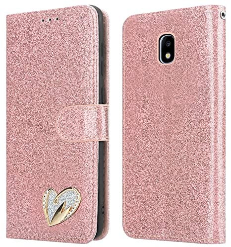 iPEAK Case For Samsung Galaxy J3 2017 Phone Case Shiny Leather Bling Glitter Book Flip Stand Card Wallet Protective Folio Cover for Samsung Galaxy J3 Phone (Rosegold)