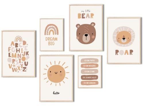 MeinBaby123® 6er Set DIN A4 Wandbilder | Kinderzimmer Poster | Deko Bilder | Affirmationen | ABC Poster | Babyzimmer Deko (V2 Süße Tiere)