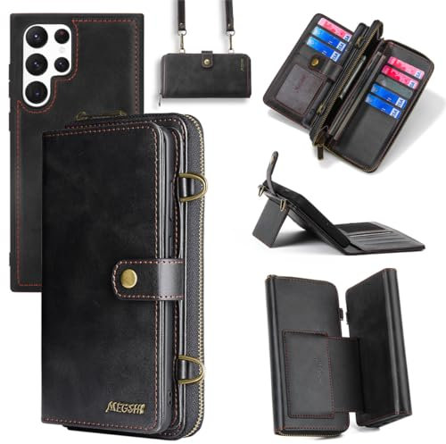 Yidai-Silu Lederhülle für Galaxy S23 Ultra Wallet Case 【3 in 1 Abnehmbar Geldbeutel, Mutil-Funktion】 Magnet Hülle PU Leder Etui Flip Cover Brieftasche Geldbörse für Samsung Galaxy S23 Ultra - Schwarz