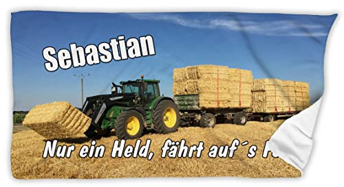 Unikatolo Badetuch Traktor mit Name 70 x 140 cm, Strandtuch Geschenkidee Geburtstag Landwirt Bauer Männer Jungs Trecker Führerschein grün personalisiert