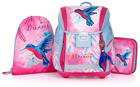 OXY BAG Schulranzen PREMIUM LIGHT 3er-Set, Rot | Ultraleichter Tagesrucksack mit Kolibris-Motiv | Federtasche & Hausschuhsack, 27L | Reflektierende Elemente, Atmungsaktiv, für Schulkinder