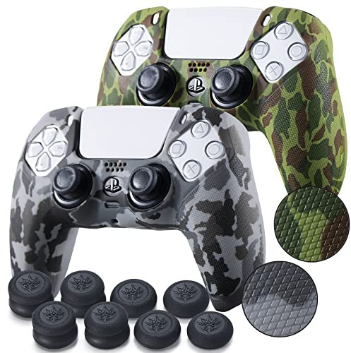 9CDeer 2 Pezzi di Texture Stampa ps5 Accessori Controller Skin Case Cover Verde & Grigio con Pro Thumb Grips x 8