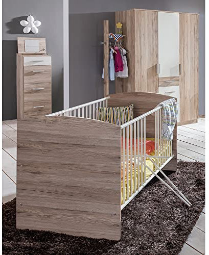 Lomadox Babyzimmer mit Gitterbett höhenverstellbar, 3-türiger Kleiderschrank und Hochkommode in Eiche Nb. mit weiß