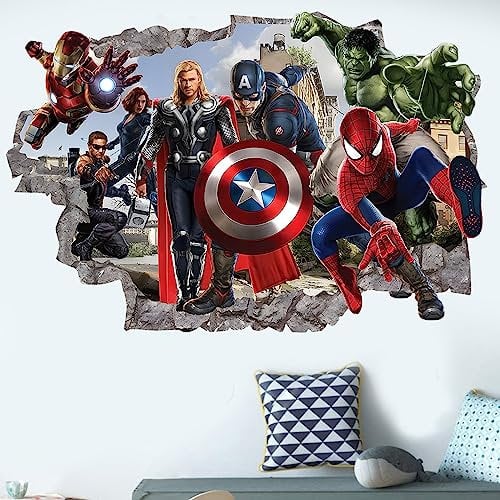 3D Superheroes Breaking Through Wall Sticker 3D Hulk Children Boys Wall Decals Peel and Stickers for Walls Bedroom Living Room Home Décor(15.7X23.7) Inch