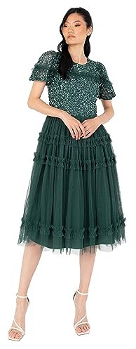 Maya Deluxe Women's Midi Dress Ladies Sequin Embellished Short Sleeve Ruffle for Wedding Guest Bridesmaid Occasion Evening Ball Gown Kleid, Emerald Green, 44