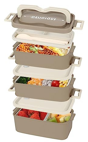 IGTOPS Lunchbox Erwachsene mit Ehdelstahl Fächern, 3-Lagen Bento Box, Auslaufsicher Jausenbox, Brotdose Ideal für Erwachsene und Kinder zum Schule Arbeit Picknick Reisen (Braun)