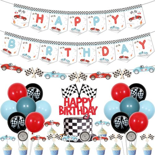 Vintage Rennwagen Geburtstag Dekorationen - Retro Blau Happy Birthday Banner Girlande, Rot Blau Schwarz Ballons, Kuchen Cupcake Topper für Jungen Rennwagen Thema Geburtstagsfeier