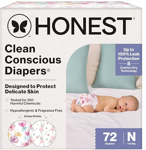 The Honest Company Comfort Dry Disposable Daytime Diapers for Sensitive Skin, Hypoallergenic, Rose Blossom + Tutu Cute, Club Box Size Newborn 72 Count