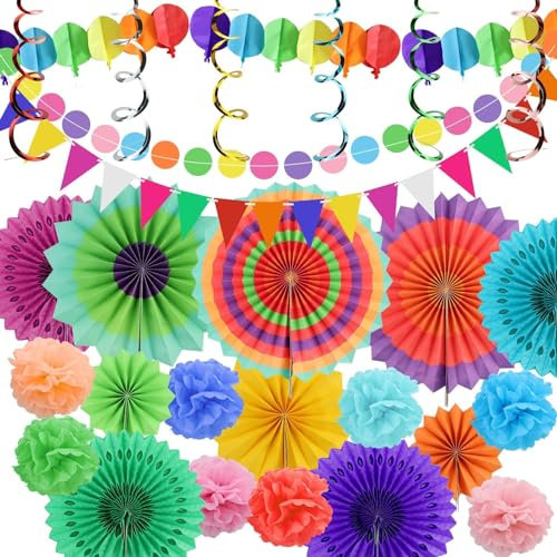 33 Stück mit hängenden Papier Lüfter, Regenbogen Pompons, Tissue Bänder und Wimpelketten Girlande für Bunte Party Deko für Weihnachten Event , Geburtstage und Karneval