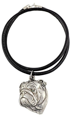 Art-Dog Hundekopf-Halskette auf Lederband - ArtDog Kollektion Hunde Halskette - Silberne Ketten mit Hundebildern - Schmuck mit Hunderassen - English Bulldog - Englische Bulldogge II