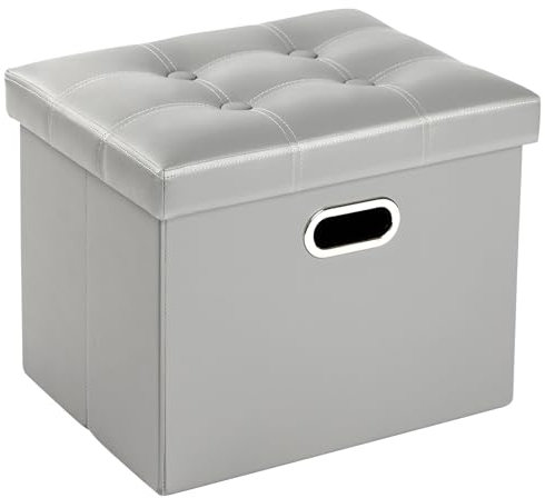COSYLAND Pouf de Rangement Pliable en Similicuir avec Couvercle - Banc Coffre Multifonction 43x38x38cm - Tabouret Repose-Pieds 200kg - Ottoman de Salon Espace de Stockage Caché, Gris