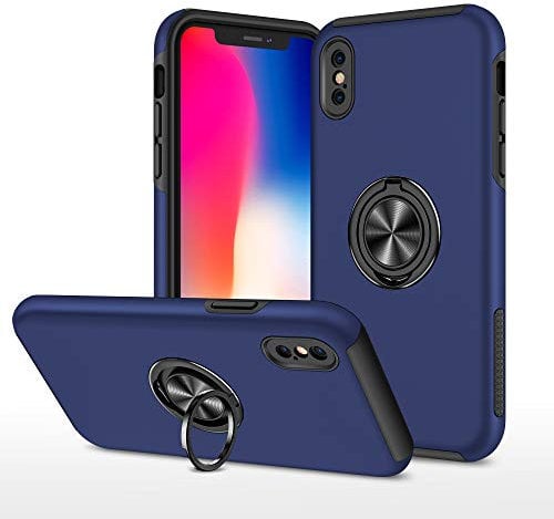 XYZNTMF for iPhone X Phone Case iPhone XS Built-in Ring Holder Shockproof Silicone Bumper Matte Hard PC Shell Magnetic Car Mount Full Protective Skin Cover for iPhone X/XS, Blue