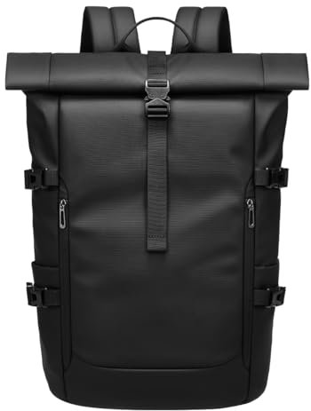 GYakeog Rolltop Rucksack Wasserdicht für Damen Herren Laptop Rucksack mit Computerfach für 15.6 Zoll Leicht Fahrradrucksack Sportrucksack Daypack für Reisen Radfahren Uni-Schwarz