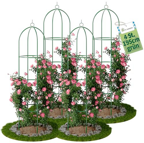 TTL Garden Obelisk Rankhilfe XL 195x40cm grün 4er Set - Rosen Rankgitter Metall rostfrei für Kletterpflanzen Rosen Clematis - pulverbeschichteter Stahl 195 cm hoch 40cm Ø Rankturm Tomaten Gurken