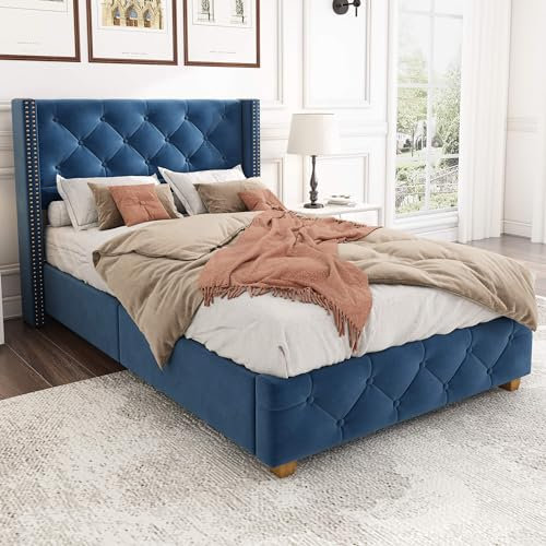 YCYDHDM Polsterbett 90 x 200 cm, Einzelbett mit Gepolstertes Kopfteil, Bettgestell mit Lattenrost und Holzbettbeine, Bett für Schlafzimmer und Gästezimmer, Samt, Ohne Matratze, Blau