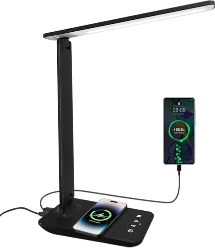 Lampada scrivania dimmerabile lampada da lettura con porta di ricarica USB, 3 modalità di illuminazione, carica wireless,lampada da tavolo portatile pieghevole per la lettura della camera da lett