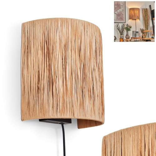 Wandleuchte Cardeal, Wandlampe aus Metall/Bast in Schwarz/Natur, Leuchte im Boho-Design, Wandleuchte mit Stecker und Schalter, abnehmbares Kabel, UP & Down Lichteffekt, 1 x E27, ohne Leuchtmittel