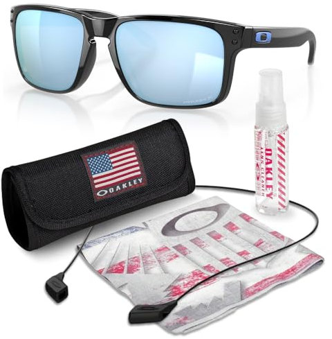 Oakley OO9102 Holbrook Men's Square Sunglasses High Bridge Fit Cleaning Kit and Leash USA Flag Premium Set, (C1) Polished Black/Prizm, Deep Water, Polarised, 57 mm, 57 mm