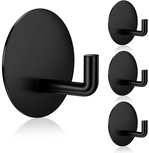COMNICO Adhesive Hooks Wall Hooks, 4 Pcs Small Black Round Wall Hooks Heavy Duty Stainless Steel Shower Sticky Towel Robes Hooks Waterproof Stick on Hooks for Bathroom Kitchen Living Room