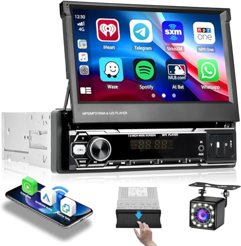 Hikity Radio Coche 1 DIN de 7 Pulgadas con Carplay Inalámbrico et Android Auto Pantalla Táctil Autoradio Bluetooth/Radio FM/Mirror Link/USB/SWC/Control Remoto