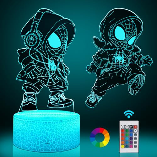 AOUGO Spiderman LED Kinder Nachtlicht - 3D Superhero 2 Styles - Smart Touch 7 Farben und Fernbedienung 16 Farben Farbwechsel dimmbar Tischlampe, Junge Spiderman Spielzeug Nachtlicht (Weiß)