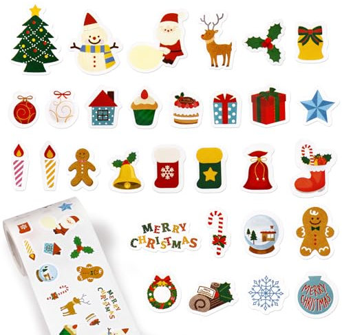 GEBETTER 300Pcs Pegatinas Navidad Multicolor 1 Rollo, Pegatinas Navideñas Scrapbooking Álbum de Recortes Niños Manualidades Infantiles Fiestas Decoración Adorno Tarjetas Cajas Bolsas Regalo (Color A)