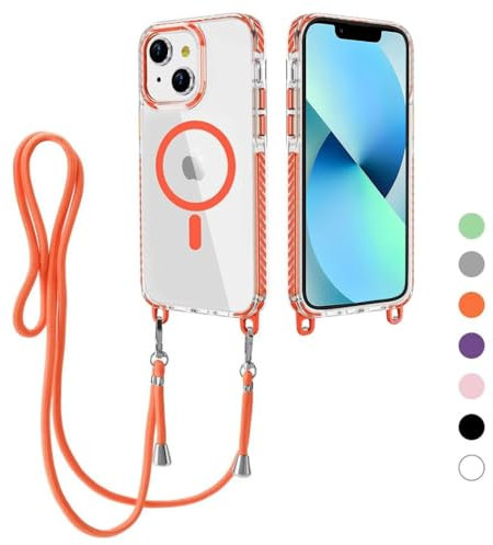 FERLAN Crossbody Lanyard Case for iPhone 14/iPhone 13 with Strap, Necklace Mobile Phone Case with Mag-Safe Transparent TPU Acrylic Case Cover with Cord Adjustable Lanyard Protective Case -orange
