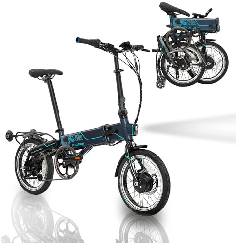 Flebi Supra 4.0+ Klapprad Elektrisch 16 | Reichweite 100 km | Abnehmbarer Akku 14Ah/504Wh | 7 Gänge | Kompaktes und Leichtes E-Bike für Erwachsene/Teenager, Unisex für Damen/Herren (Technisch Blau)