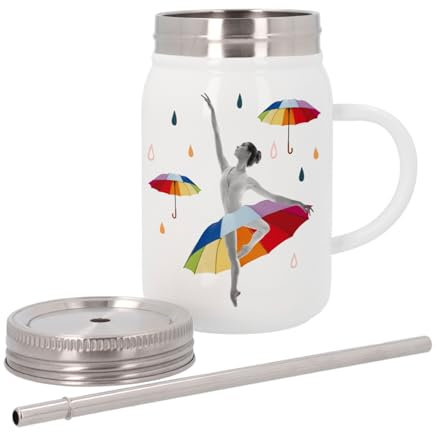 Insulated Stainless Steel Mug with Lid and Straw – Dancing in the Rain Umbrella Collage Art Surrealism – 500 ml – Thermo Mug