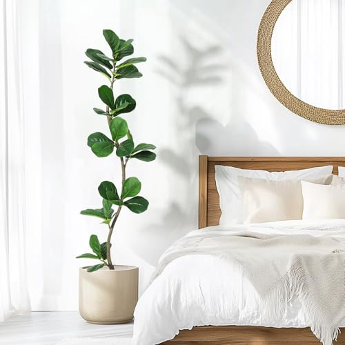 GarveeHome Artificial Fiddle Leaf Fig Tree - 5 ft Fake Plant with Black Nursery Planter, Large Fake Tree for Home or Office Decor - Artificial Plants Indoor Outdoor, Housewarming Gift