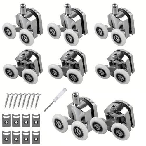 8 PCS Shower Door Rollers with Screwdriver - 25 mm Replacement Shower Door Wheels, Shower Twin Wheels Runner Pulleys, Glass Door Sliding Roller, Bathroom Replacement Parts for Curved Doors