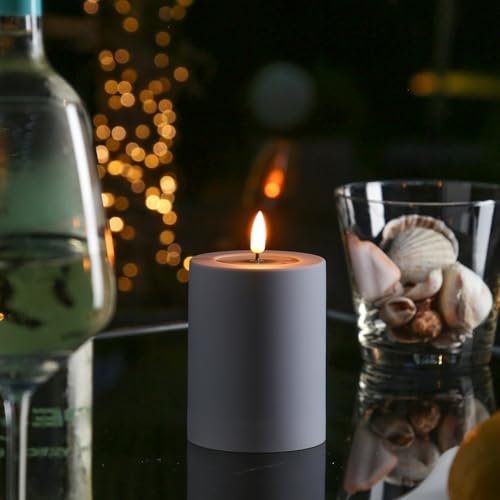 MARELIDA LED Kerze Outdoor DELUXE Homeart mit realistischer 3D Flamme Stumpenkerze Kunststoff für Innen/Außen grau (D: 7,5cm - H: 10cm)