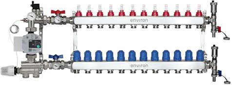ENVIRON- Heizkreisverteiler [2-12 Heizkreise] mit Festwertregelset, Kugelhahn Set und Schnellentlüfter Set | Hocheffizienzpumpe (Wilo Para STG 25/8, 12 Heizkreise)
