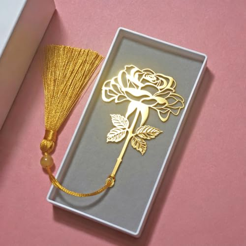 Yocuzee Lesezeichen aus Metall mit Geschenkbox, mit Quaste (Goldene Rose) | Geschenke für Frauen Mama Großmutter Lehrerinnen Schüler, Bookmark für Bücherwurm, Geburtstag, Schule, Weihnachten, Ruhestand