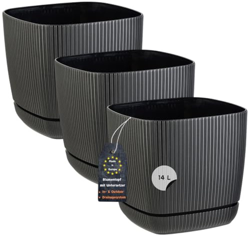 Engelland - 3 x Blumentopf mit Drainagesystem, Untersetzer, Farbe: Schwarz, Rillenoptik, Pflanz-Topf, Kübel, modern, Kunststoff, quadratisch, 28 x 28 cm, 14 Liter