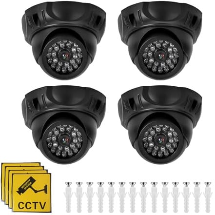 PORFOYO Kamera Attrappe, 4 Stück Kamera Dummy Fake CCTV, Kameraatrappe Aussenbereich, überwachungskamera Aussen Attrappe Mit Blinkender Roter LED Für Innen Und Außenbereich (Schwarz)