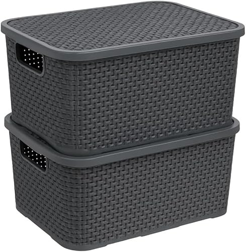 Set of 2 BPA Free Rattan Storage Boxes with Lid, Durable Plastic Organiser Baskets for Home, Kitchen, Bathroom & More (Anthracite, 10 Litre)