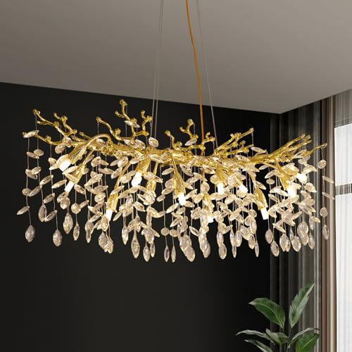 Moderner Kristallgold-Kronleuchter aus Aluminium, Ast, Kücheninsel, Lichter K9, luxuriöser Kristall-Kronleuchter mit 10 Lichtern, Deckenleuchte für Esszimmer, Wohnzimmer, Küche, Flur, Lobbys (L 100