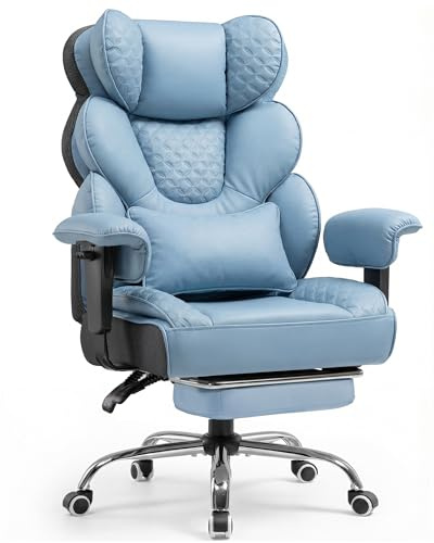 COMHOMA Ergonomischer Gaming Stuhl, Bürostuhl 180 kg, mit Verstellbarer Lendenstütze & Fußstütze, Hybrid-Design aus Kunstleder & Mesh, 150° verstellbare Rückenlehne, hoher Chefsessel, blau