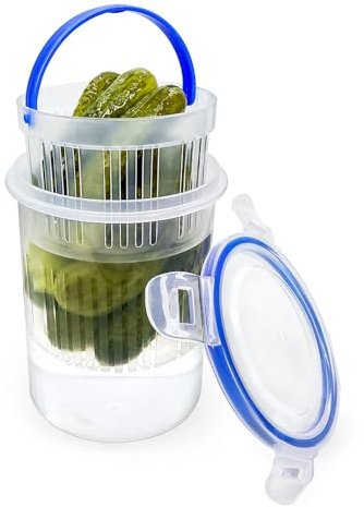 SUNNEE 24oz Pickle Jar with Strainer & Lifter, Leak-Proof Flip Lock Lid Pickle Container, Pickle Holder Keeper for Pickle Storage, Dry Wet Separation Pickle Jar for Kitchen (Clear)
