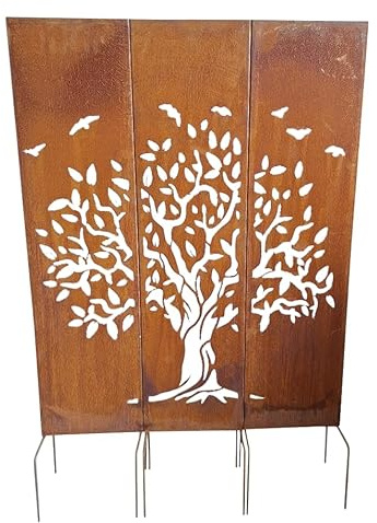 Sichtschutz-Tafeln Edelrost, 3-teilig, Gartendekoration aus Eisen, Gartendeko Schild Tafel 115cm höhe x 90cm Breite, Paravent zum Stecken Gartenschild Gartenstecker Wetterfest Rost Metall Zaun