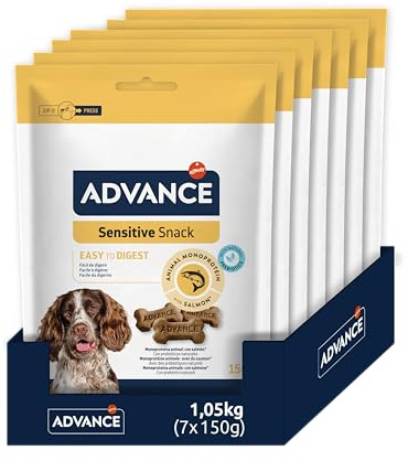 ADVANCE Snacks Sensitive Snack für Hunde mit verdaulichen und kutanen Empfindlichkeiten – Packung mit 7 x 150 g – 1050 g